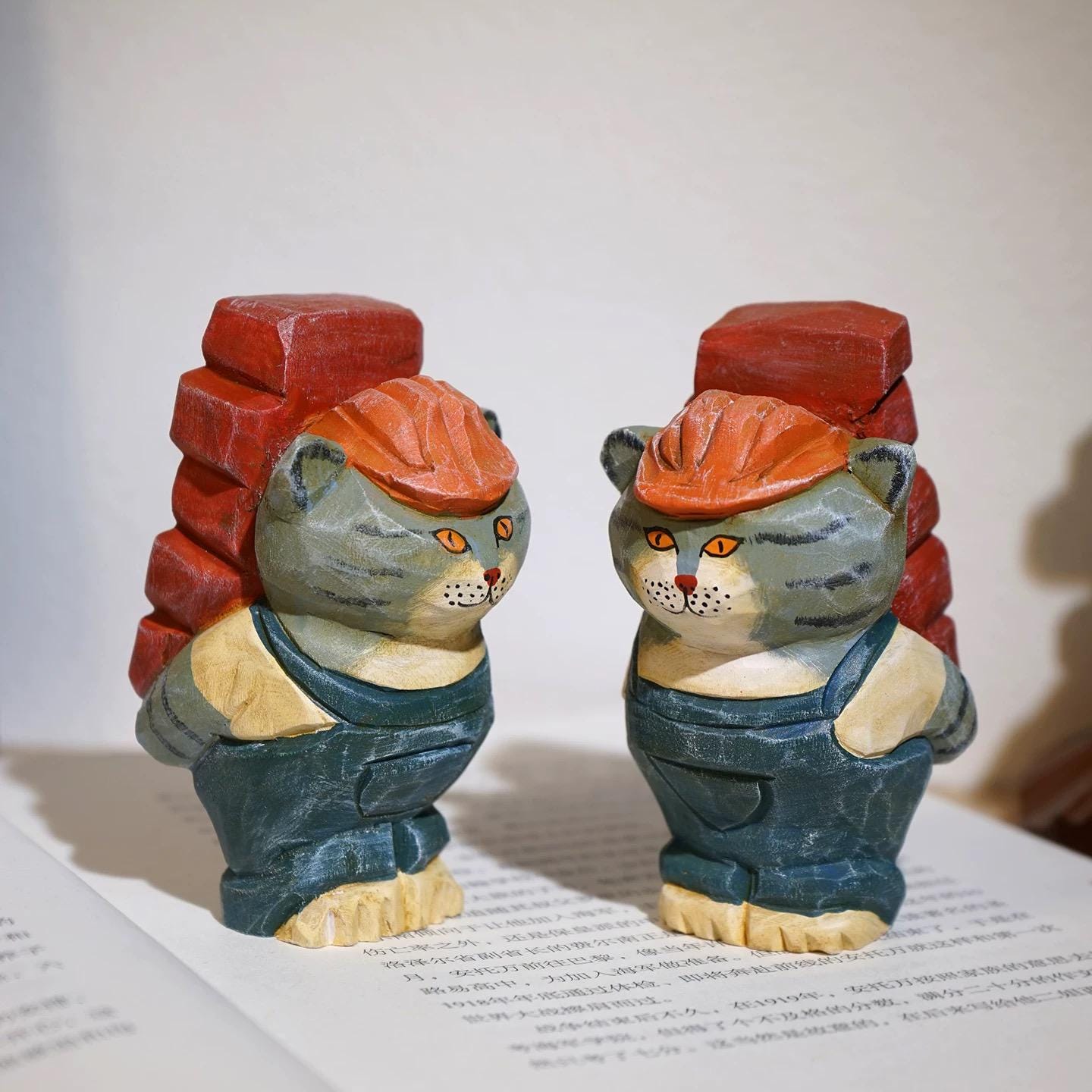 Japanese Style Worker Cat Wood Figurine, Hand Carved Linden Wood Desk Decor, Funny Brick Cat Ornament, Handmade Office Shelf Gift