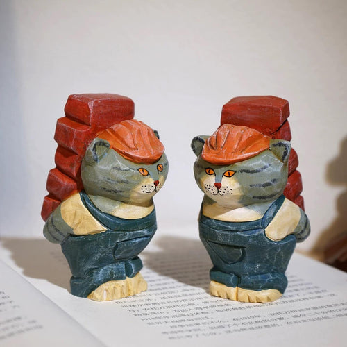 Japanese Style Worker Cat Wood Figurine, Hand Carved Linden Wood Desk Decor, Funny Brick Cat Ornament, Handmade Office Shelf Gift