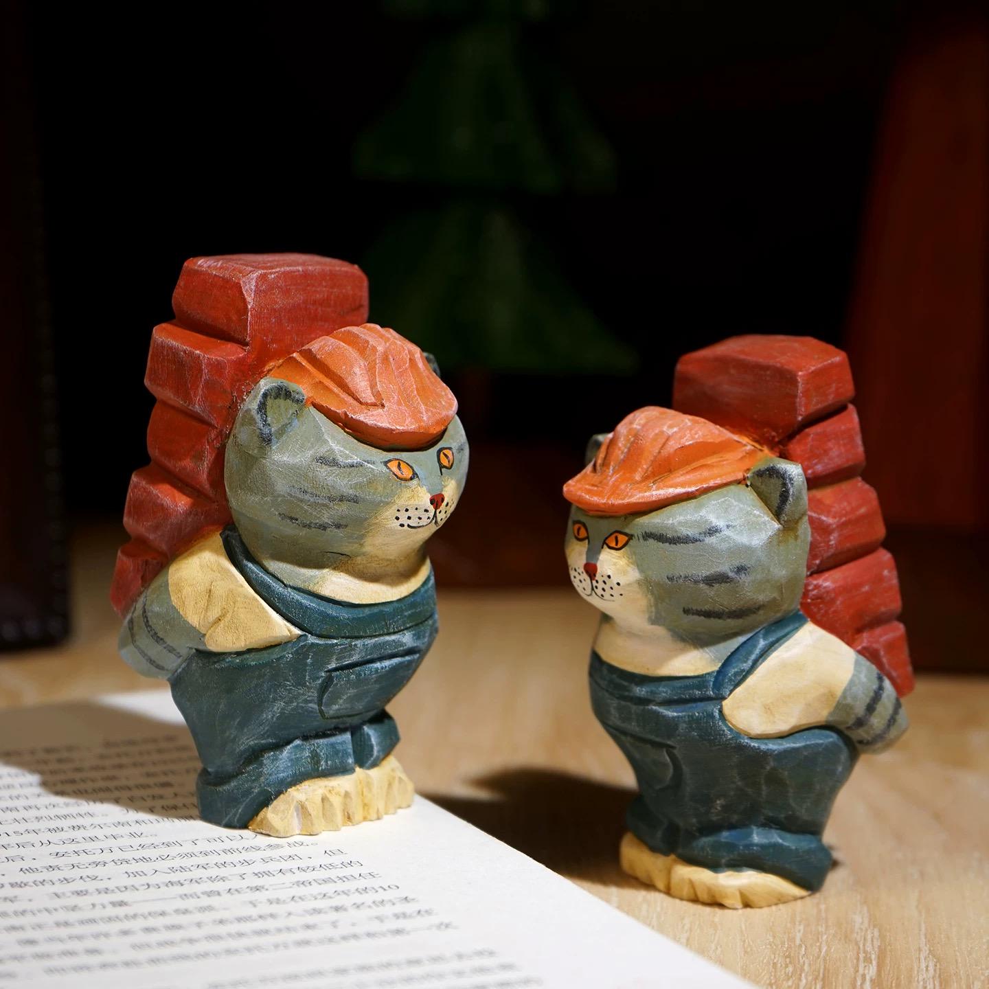 Japanese Style Worker Cat Wood Figurine, Hand Carved Linden Wood Desk Decor, Funny Brick Cat Ornament, Handmade Office Shelf Gift