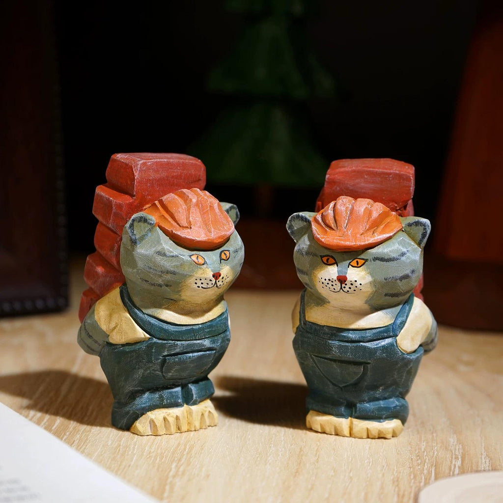 Japanese Style Worker Cat Wood Figurine, Hand Carved Linden Wood Desk Decor, Funny Brick Cat Ornament, Handmade Office Shelf Gift