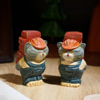 Japanese Style Worker Cat Wood Figurine, Hand Carved Linden Wood Desk Decor, Funny Brick Cat Ornament, Handmade Office Shelf Gift