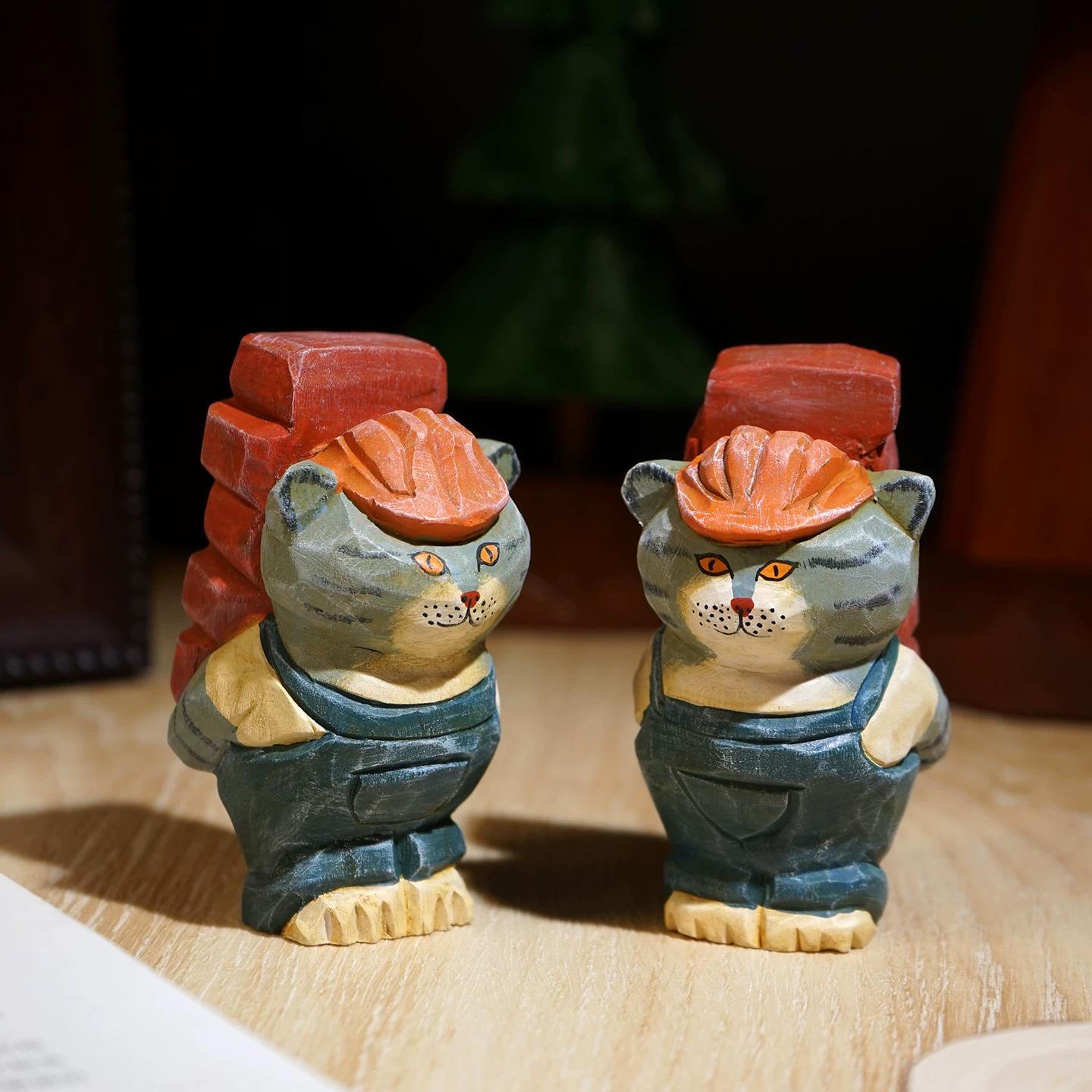 Japanese Style Worker Cat Wood Figurine, Hand Carved Linden Wood Desk Decor, Funny Brick Cat Ornament, Handmade Office Shelf Gift