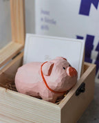 Japanese Style Lucky Pig Wood Figurine, Hand Carved Linden Wood Pig Decor, Cute Animal Desk Ornament, Handmade Shelf Gift, Good Luck Pig