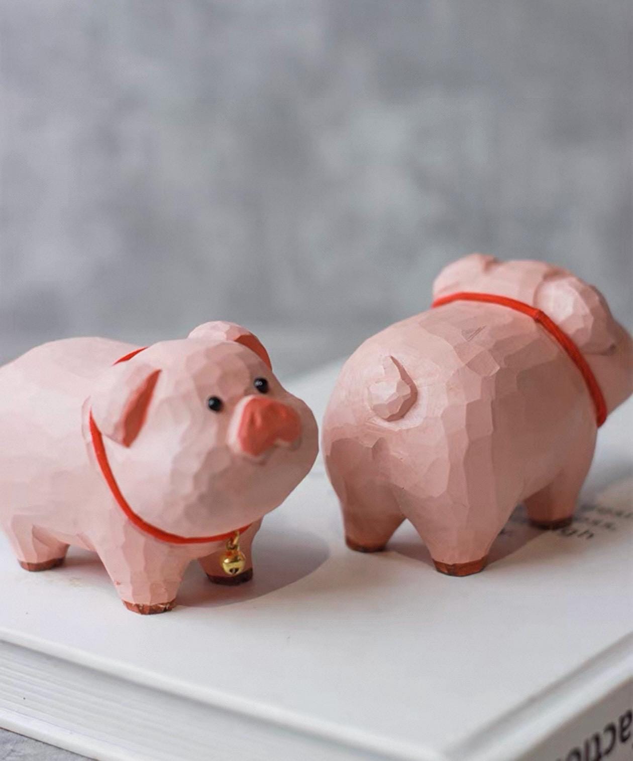 Japanese Style Lucky Pig Wood Figurine, Hand Carved Linden Wood Pig Decor, Cute Animal Desk Ornament, Handmade Shelf Gift, Good Luck Pig