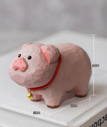 Japanese Style Lucky Pig Wood Figurine, Hand Carved Linden Wood Pig Decor, Cute Animal Desk Ornament, Handmade Shelf Gift, Good Luck Pig