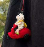 Handmade Wool Felt Lamb on Scooter Pendant, Cute Sheep Bag Charm, Animal Keychain, Hanging Ornament, Backpack Charm, Whimsical Gift