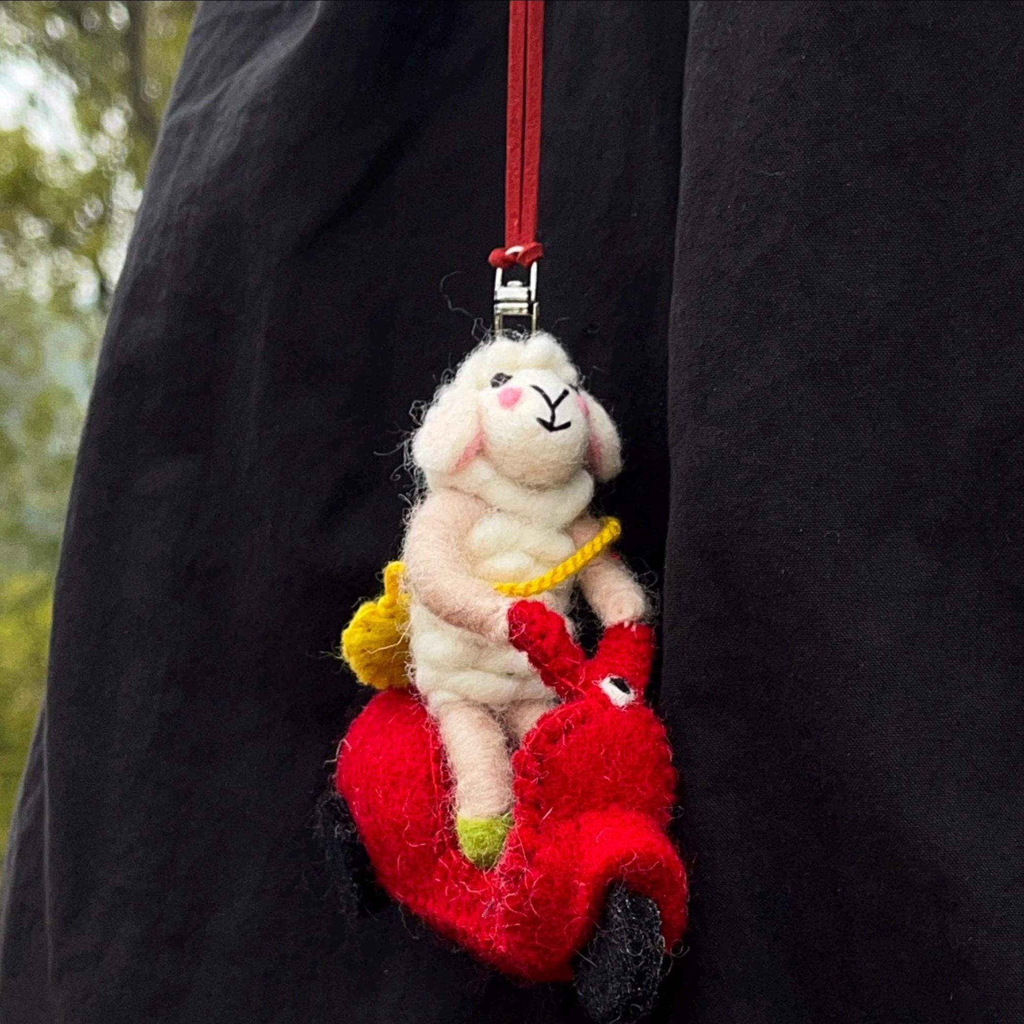 Handmade Wool Felt Lamb on Scooter Pendant, Cute Sheep Bag Charm, Animal Keychain, Hanging Ornament, Backpack Charm, Whimsical Gift