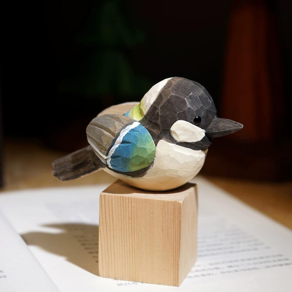 Japanese Style Handmade Wooden Gray Blue Tit Bird Figurine, Single Linden Wood Bird Statue, Removable Magnetic Wings, Cute Desk Decor