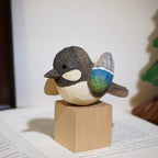 Japanese Style Handmade Wooden Gray Blue Tit Bird Figurine, Single Linden Wood Bird Statue, Removable Magnetic Wings, Cute Desk Decor