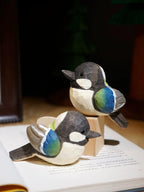 Japanese Style Handmade Wooden Gray Blue Tit Bird Figurine, Single Linden Wood Bird Statue, Removable Magnetic Wings, Cute Desk Decor