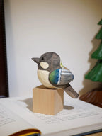 Japanese Style Handmade Wooden Gray Blue Tit Bird Figurine, Single Linden Wood Bird Statue, Removable Magnetic Wings, Cute Desk Decor