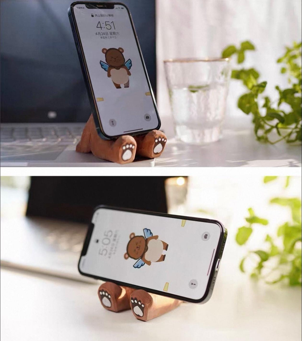 Hand Carved Wooden Bear Phone Stand, Handmade Wood Phone Holder, Bear Desk Stand, Solid Wood Phone Support, Cute Desk Accessory