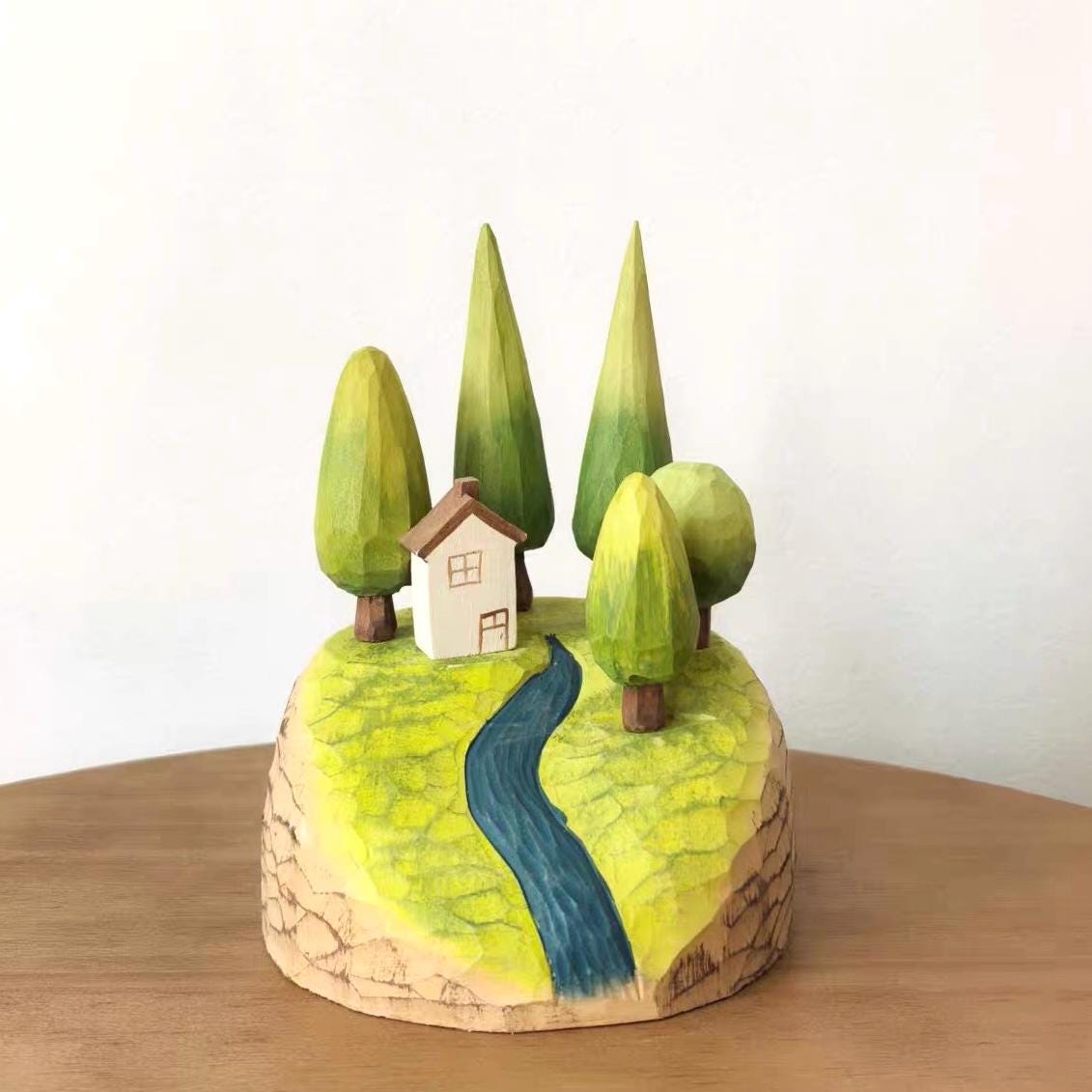 Hand Carved Wooden Forest Diorama – Mini Landscape Sculpture with Trees & Cabin, Magnetic Wooden Desk Decor, Cozy Nature Gift