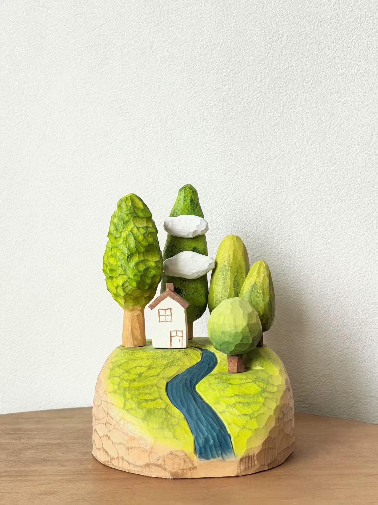 Hand Carved Wooden Forest Diorama – Mini Landscape Sculpture with Trees & Cabin, Magnetic Wooden Desk Decor, Cozy Nature Gift