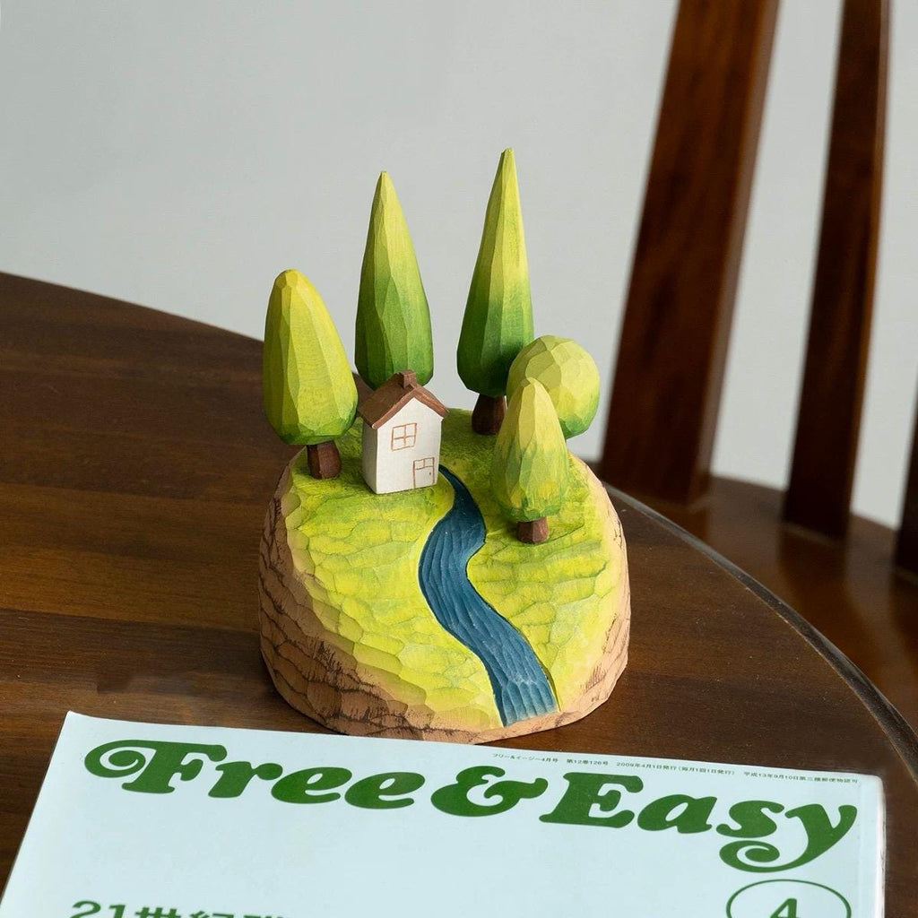 Hand Carved Wooden Forest Diorama – Mini Landscape Sculpture with Trees & Cabin, Magnetic Wooden Desk Decor, Cozy Nature Gift