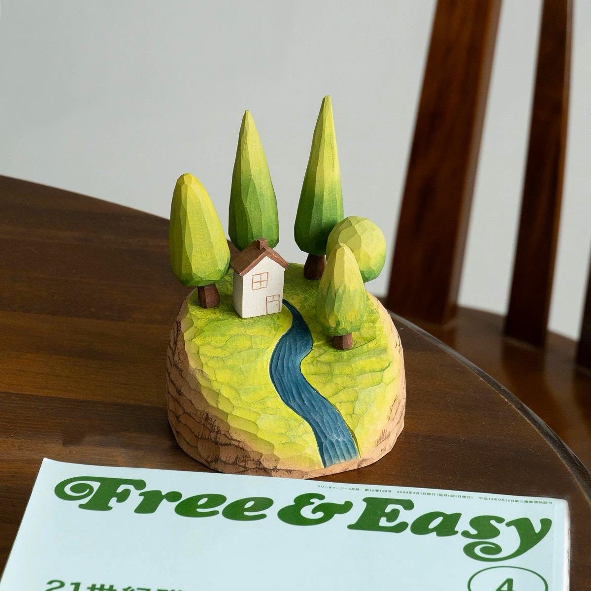 Hand Carved Wooden Forest Diorama – Mini Landscape Sculpture with Trees & Cabin, Magnetic Wooden Desk Decor, Cozy Nature Gift