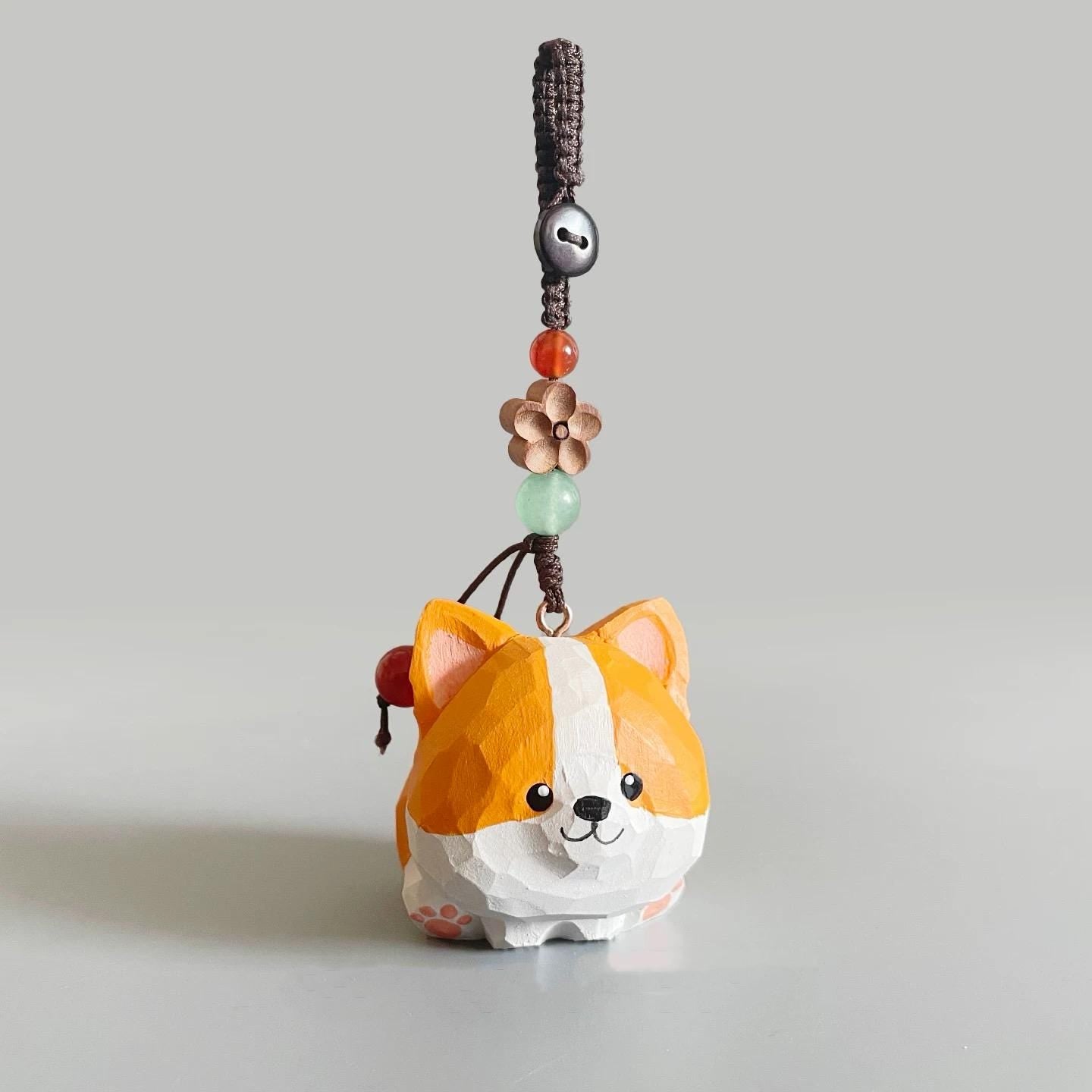 Hand Carved Wooden Corgi Keychain, Cute Dog Bag Charm, Handmade Wood Figurine Key Ring, Minimal Animal Gift for Friends