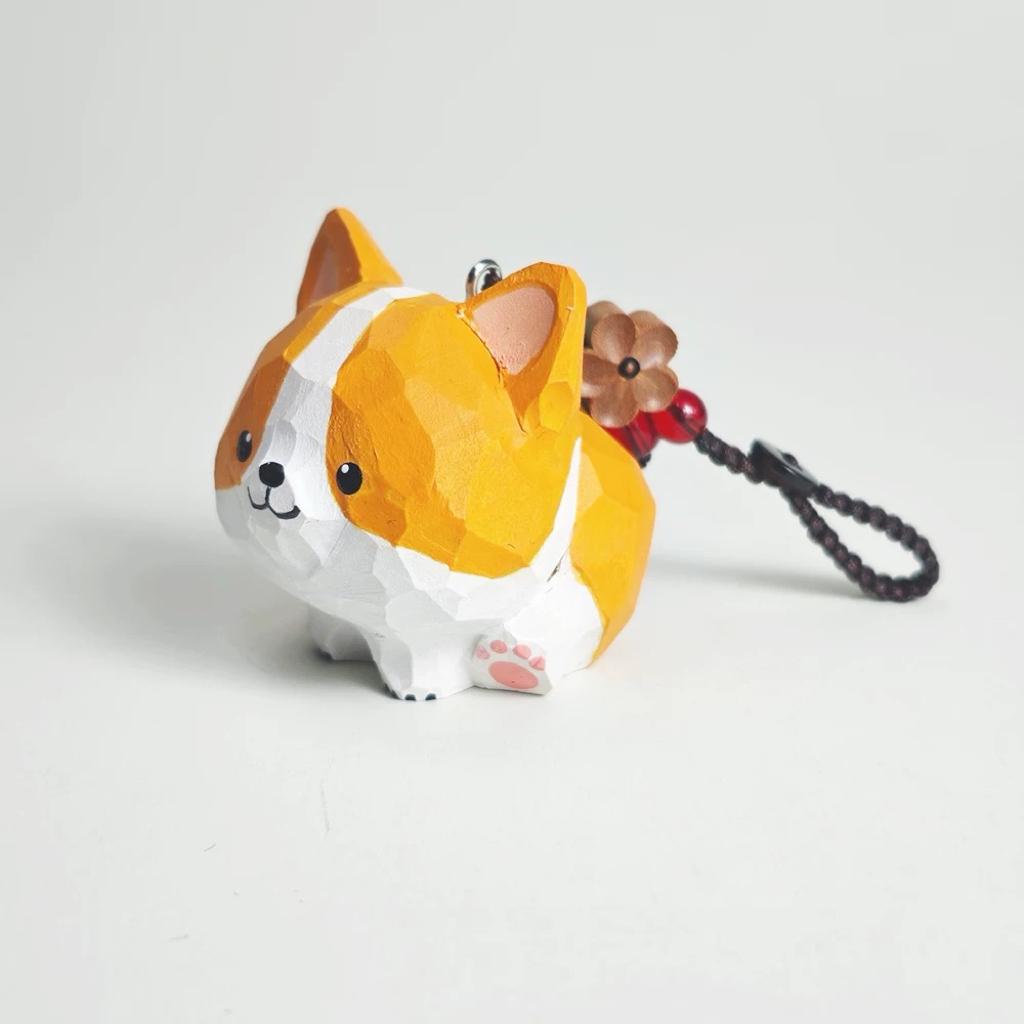 Hand Carved Wooden Corgi Keychain, Cute Dog Bag Charm, Handmade Wood Figurine Key Ring, Minimal Animal Gift for Friends