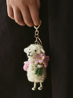 Handmade Wool Felt Sheep Keychain, with Pink Flower Bag Charm, Cute 3D Felt Animal Pendant. Funny Sheep smile face, Gift for her,friends