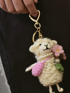 Handmade Wool Felt Sheep Keychain, with Pink Flower Bag Charm, Cute 3D Felt Animal Pendant. Funny Sheep smile face, Gift for her,friends