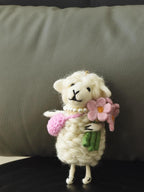 Handmade Wool Felt Sheep Keychain, with Pink Flower Bag Charm, Cute 3D Felt Animal Pendant. Funny Sheep smile face, Gift for her,friends
