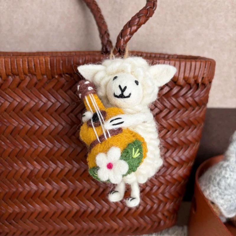 Handmade Felt Lamb Keychain, Cute Sheep with Guitar Bag Charm, Wool Animal Keyring Gift for Her