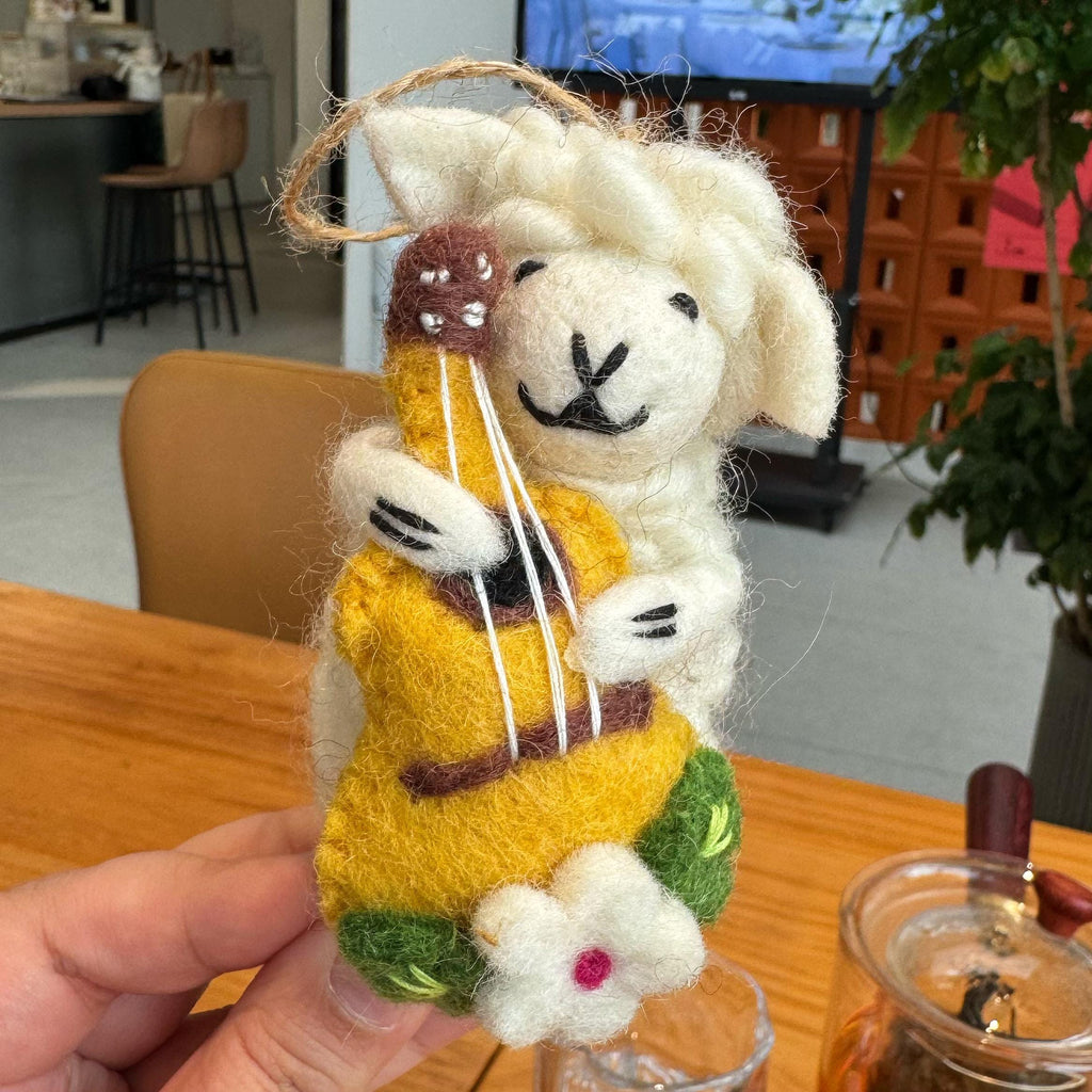 Handmade Felt Lamb Keychain, Cute Sheep with Guitar Bag Charm, Wool Animal Keyring Gift for Her