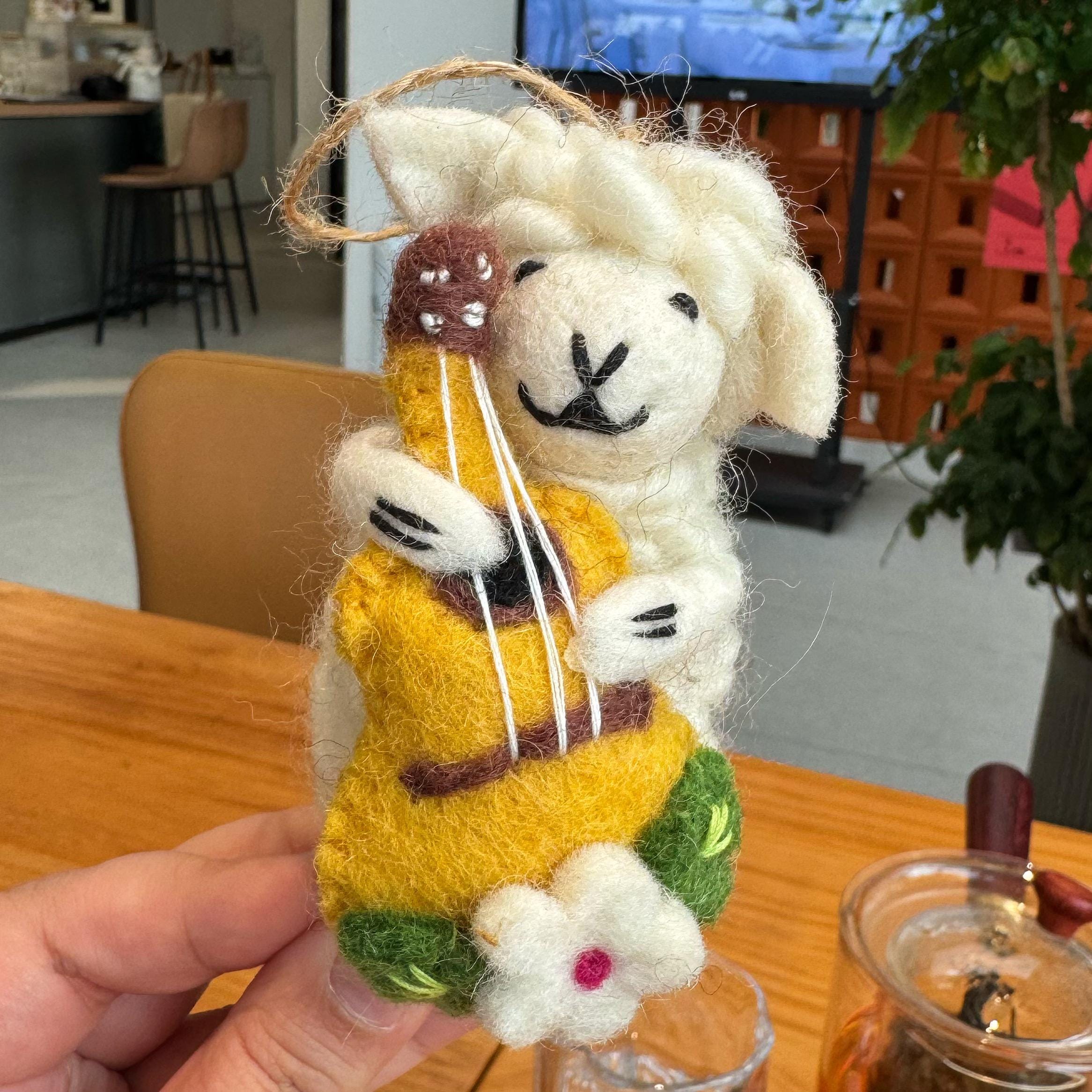 Handmade Felt Lamb Keychain, Cute Sheep with Guitar Bag Charm, Wool Animal Keyring Gift for Her