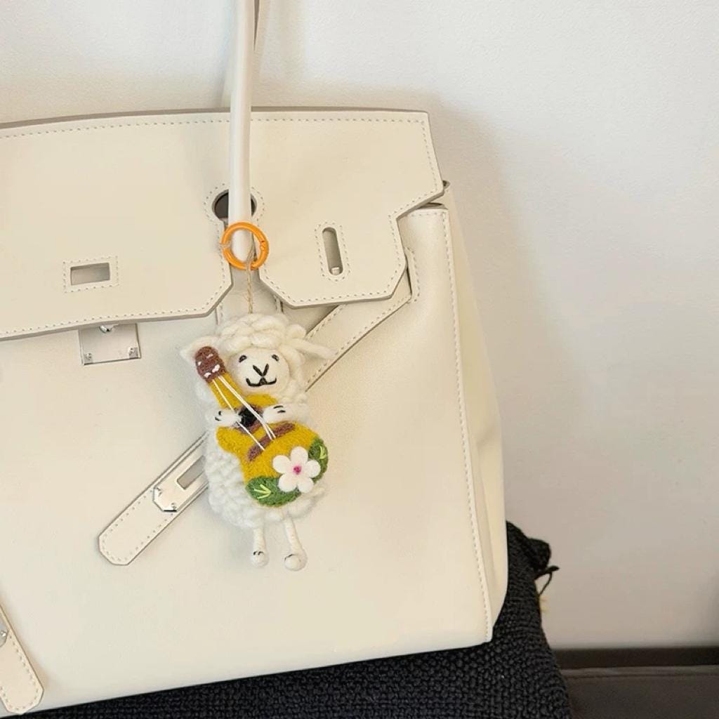 Handmade Felt Lamb Keychain, Cute Sheep with Guitar Bag Charm, Wool Animal Keyring Gift for Her