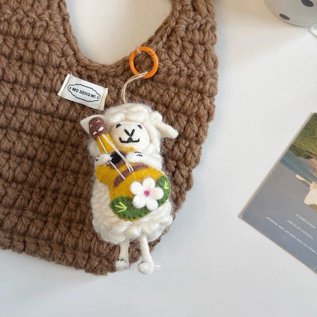 Handmade Felt Lamb Keychain, Cute Sheep with Guitar Bag Charm, Wool Animal Keyring Gift for Her