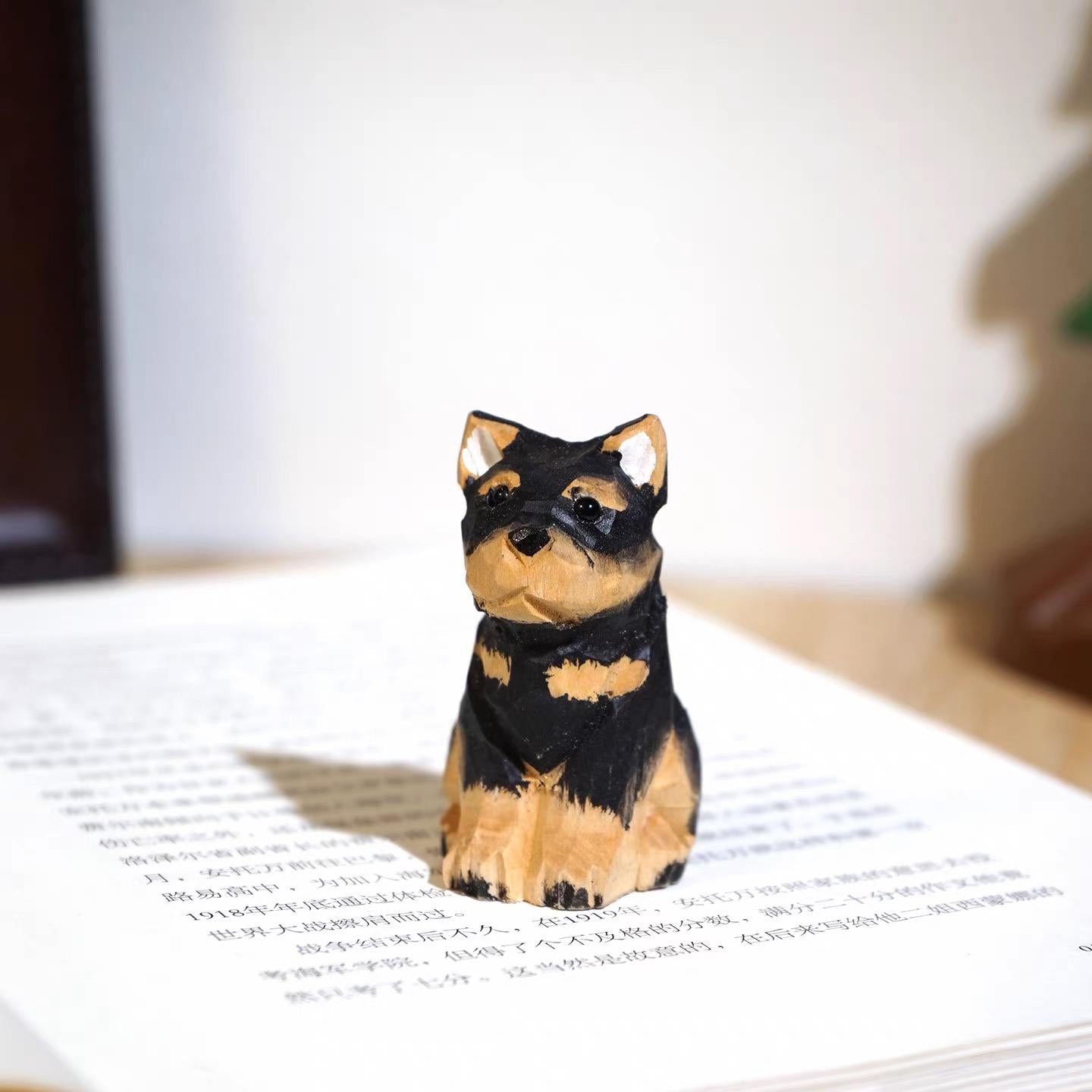 Japanese Style Handmade Wooden Rottweiler Puppy Figurine, Cute Dog Desk Decor, Mini Wood Carved Animal Ornament, Small Pet Sculpture Gift