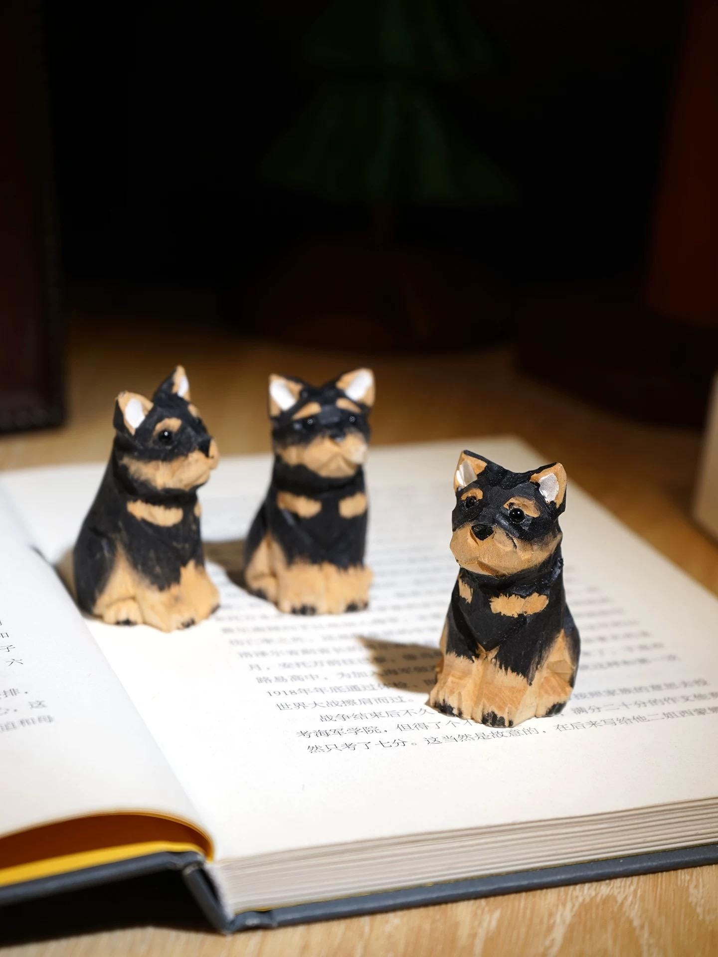 Japanese Style Handmade Wooden Rottweiler Puppy Figurine, Cute Dog Desk Decor, Mini Wood Carved Animal Ornament, Small Pet Sculpture Gift