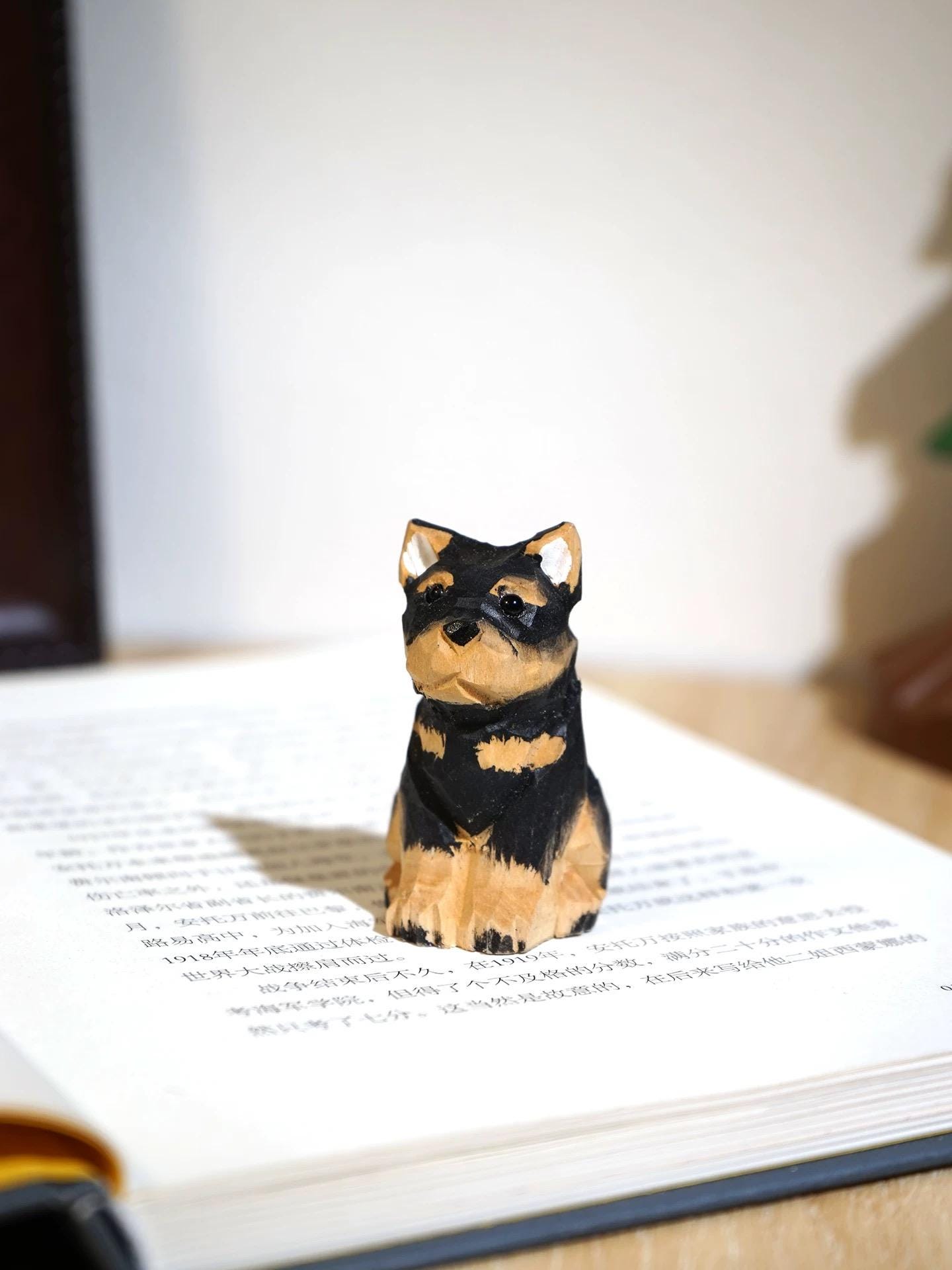Japanese Style Handmade Wooden Rottweiler Puppy Figurine, Cute Dog Desk Decor, Mini Wood Carved Animal Ornament, Small Pet Sculpture Gift