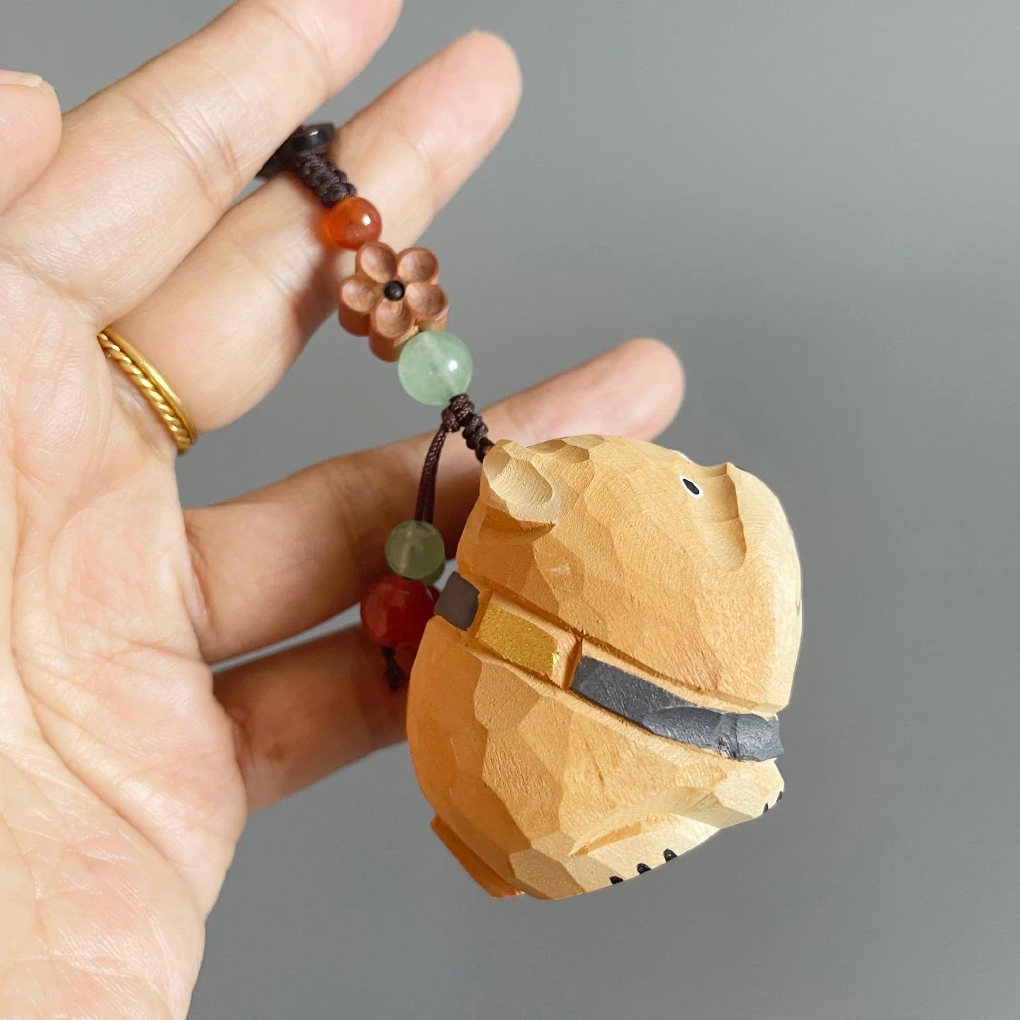 Hand Carved Wooden Bulldog Keychain, Cute Dog Bag Charm, Handmade Wood Animal Pendant, Car Mirror Hanging Decor, Gift for Dog Lovers