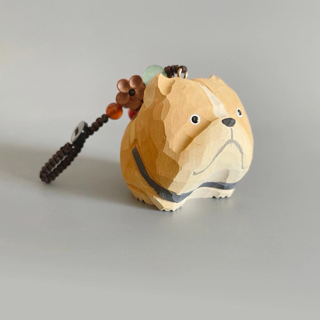 Hand Carved Wooden Bulldog Keychain, Cute Dog Bag Charm, Handmade Wood Animal Pendant, Car Mirror Hanging Decor, Gift for Dog Lovers