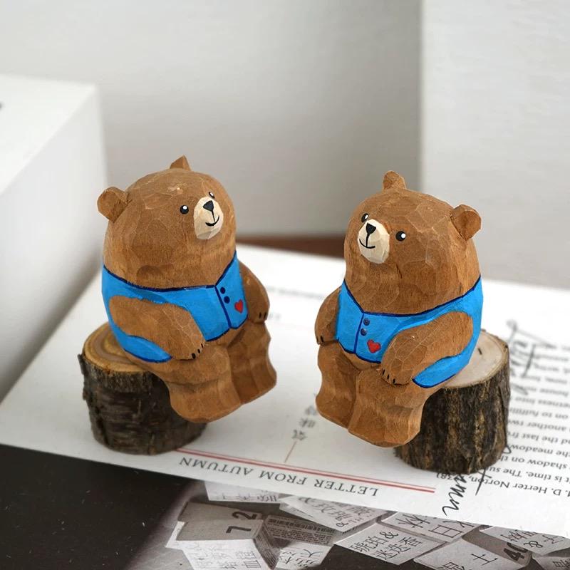 Hand Carved Wooden Bear Figurine, Mini Animal Sculpture, Desk Decor Ornament, Handmade Wood Art Gift for Friends, Kids