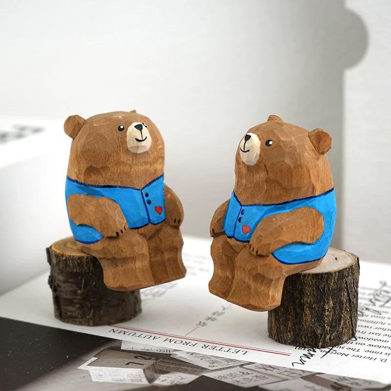 Hand Carved Wooden Bear Figurine, Mini Animal Sculpture, Desk Decor Ornament, Handmade Wood Art Gift for Friends, Kids