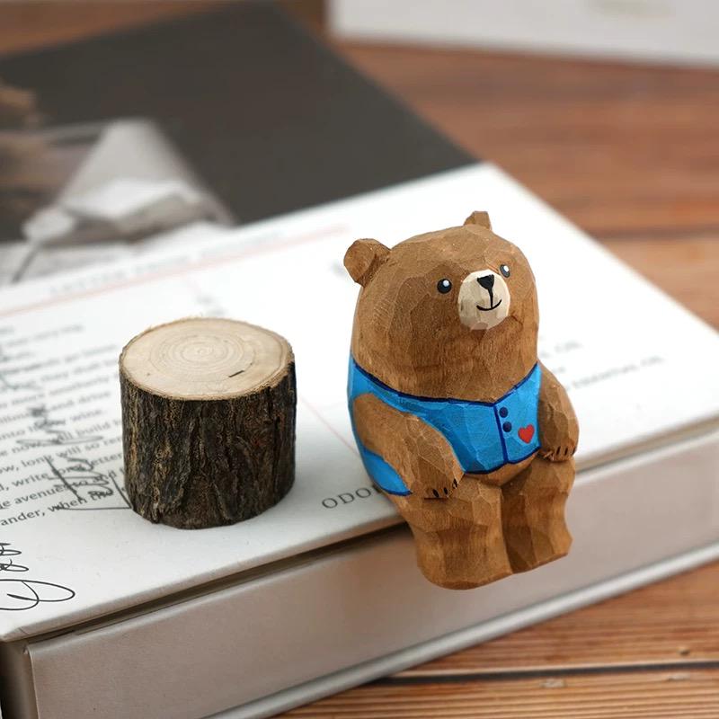 Hand Carved Wooden Bear Figurine, Mini Animal Sculpture, Desk Decor Ornament, Handmade Wood Art Gift for Friends, Kids
