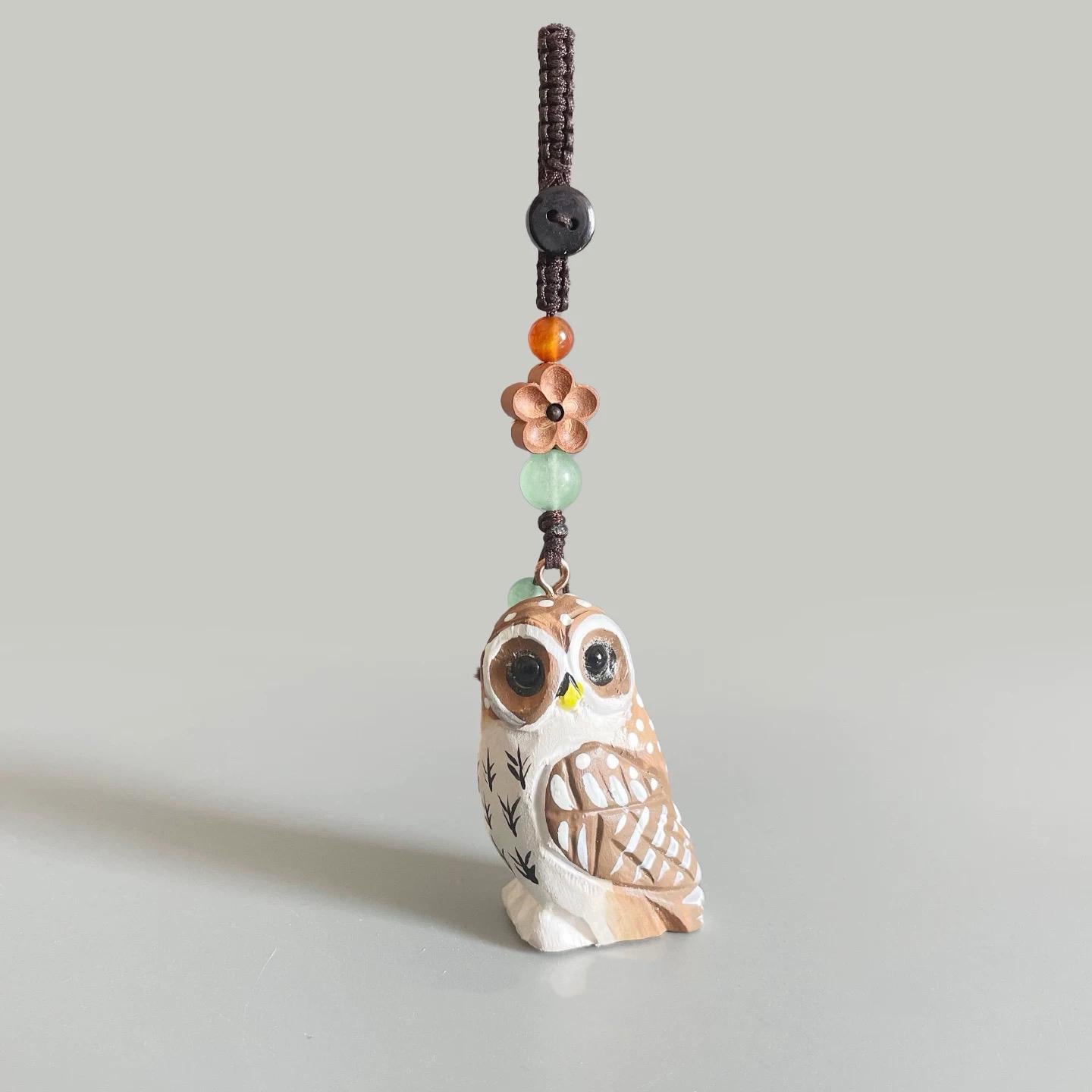 Handcrafted Wooden Owl Keychain, Cute Owl Bag Charm, Carved Wood Animal Key Ring, Funny Handmade Gift