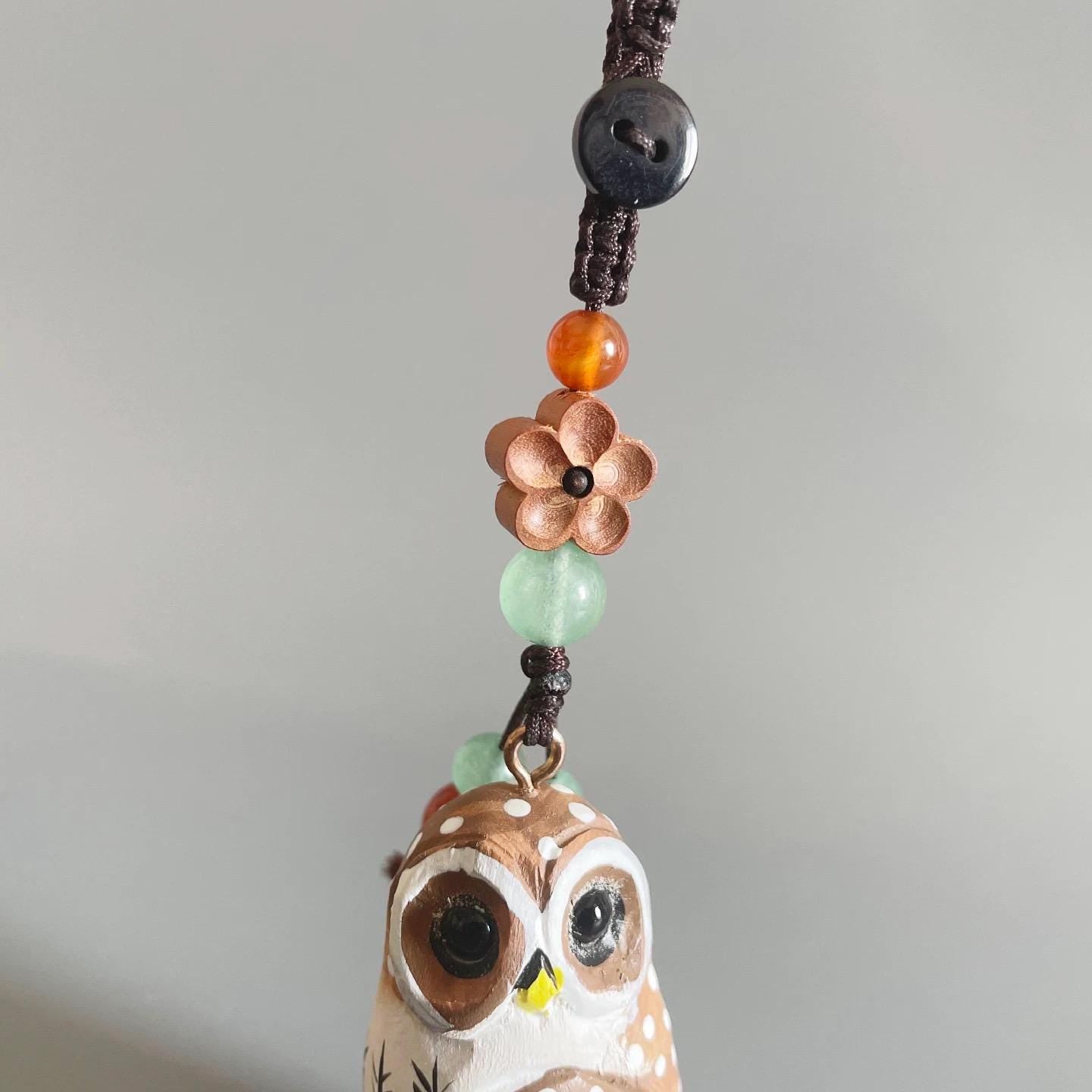 Handcrafted Wooden Owl Keychain, Cute Owl Bag Charm, Carved Wood Animal Key Ring, Funny Handmade Gift