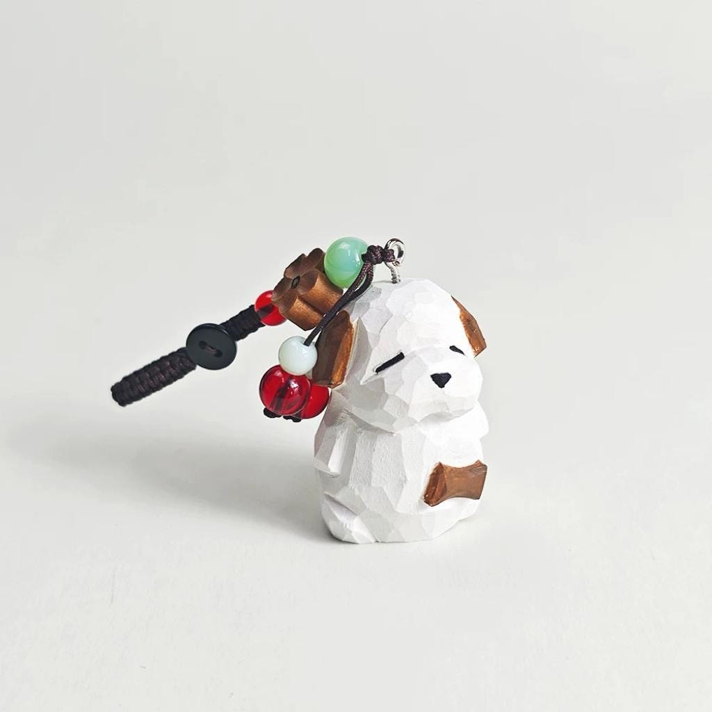 Sleepy White Puppy Wooden Charm, Hand-Carved Dog Keychain, Minimal Animal Bag Charm, Small Gift for Dog Lovers, Cute Desk or Car Decor