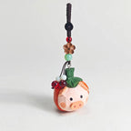 Lucky Pumpkin Pig Wooden Charm – Hand Carved Pig Keychain with Peace Bead, Cute Bag & Car Hanging Ornament