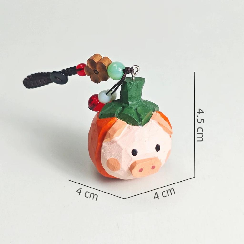 Lucky Pumpkin Pig Wooden Charm – Hand Carved Pig Keychain with Peace Bead, Cute Bag & Car Hanging Ornament