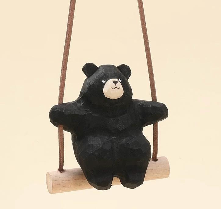 Hand-Carved Wooden Bear Swing Charm, Rolling eye Animal Car Hanging Ornament, Bag Keychain Pendant, Rustic Forest Decor Gift