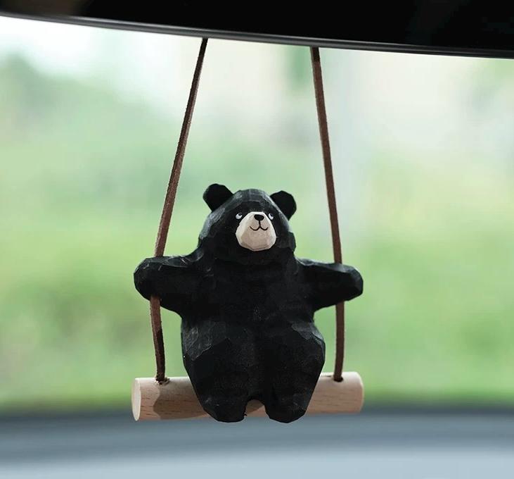 Hand-Carved Wooden Bear Swing Charm, Rolling eye Animal Car Hanging Ornament, Bag Keychain Pendant, Rustic Forest Decor Gift