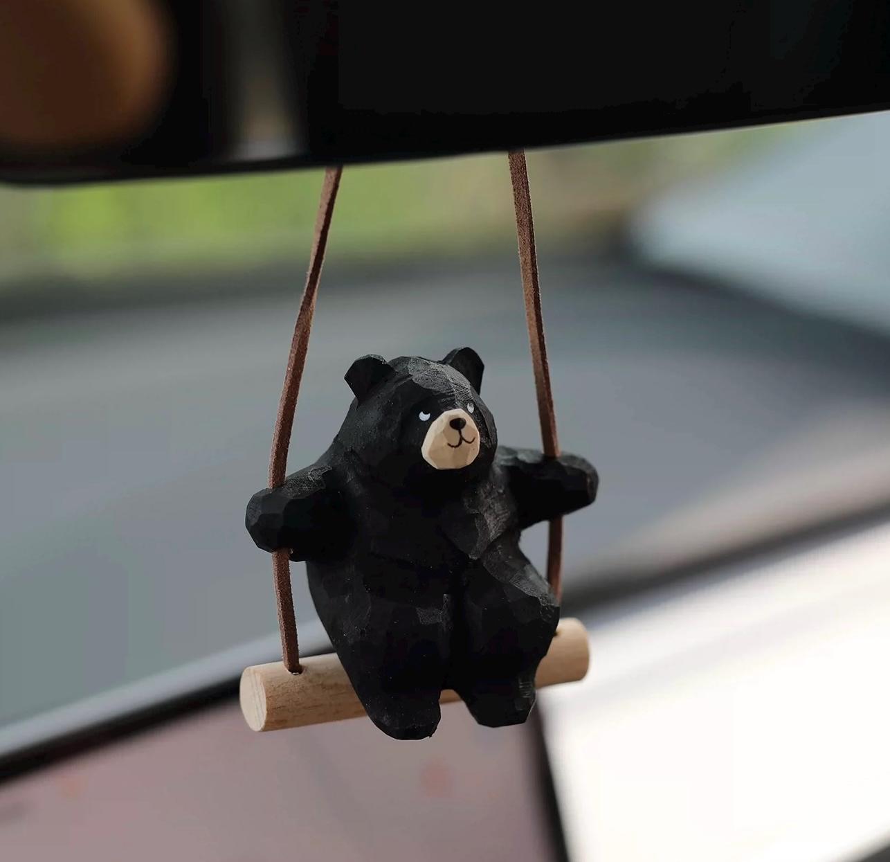 Hand-Carved Wooden Bear Swing Charm, Rolling eye Animal Car Hanging Ornament, Bag Keychain Pendant, Rustic Forest Decor Gift