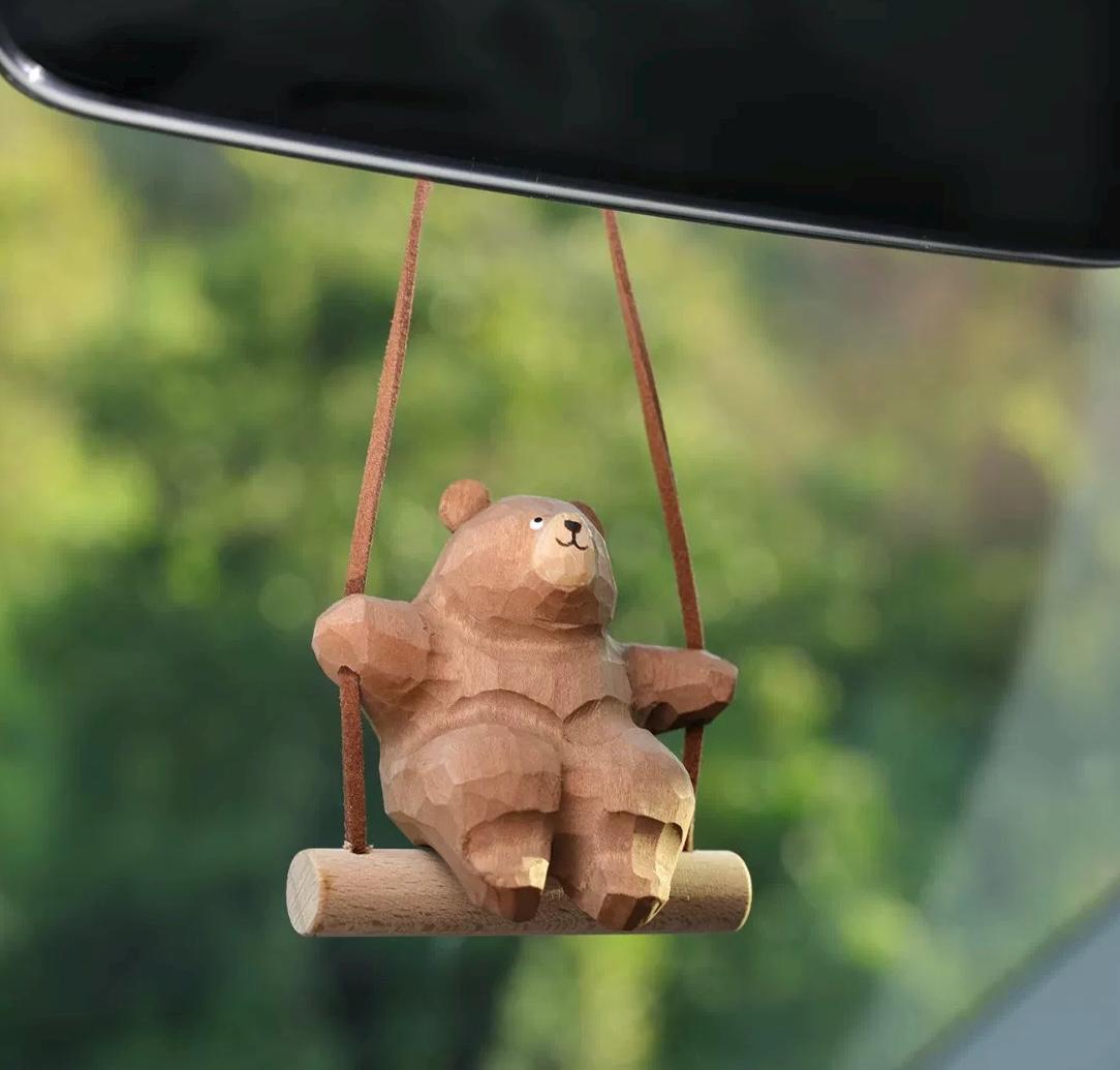 Wooden Hand-Carved Bear Swing Car Hanging Ornament, Cute Wooden Animal Rearview Mirror Charm, Handmade Car Decor, Bag Charm, Keychain Gift