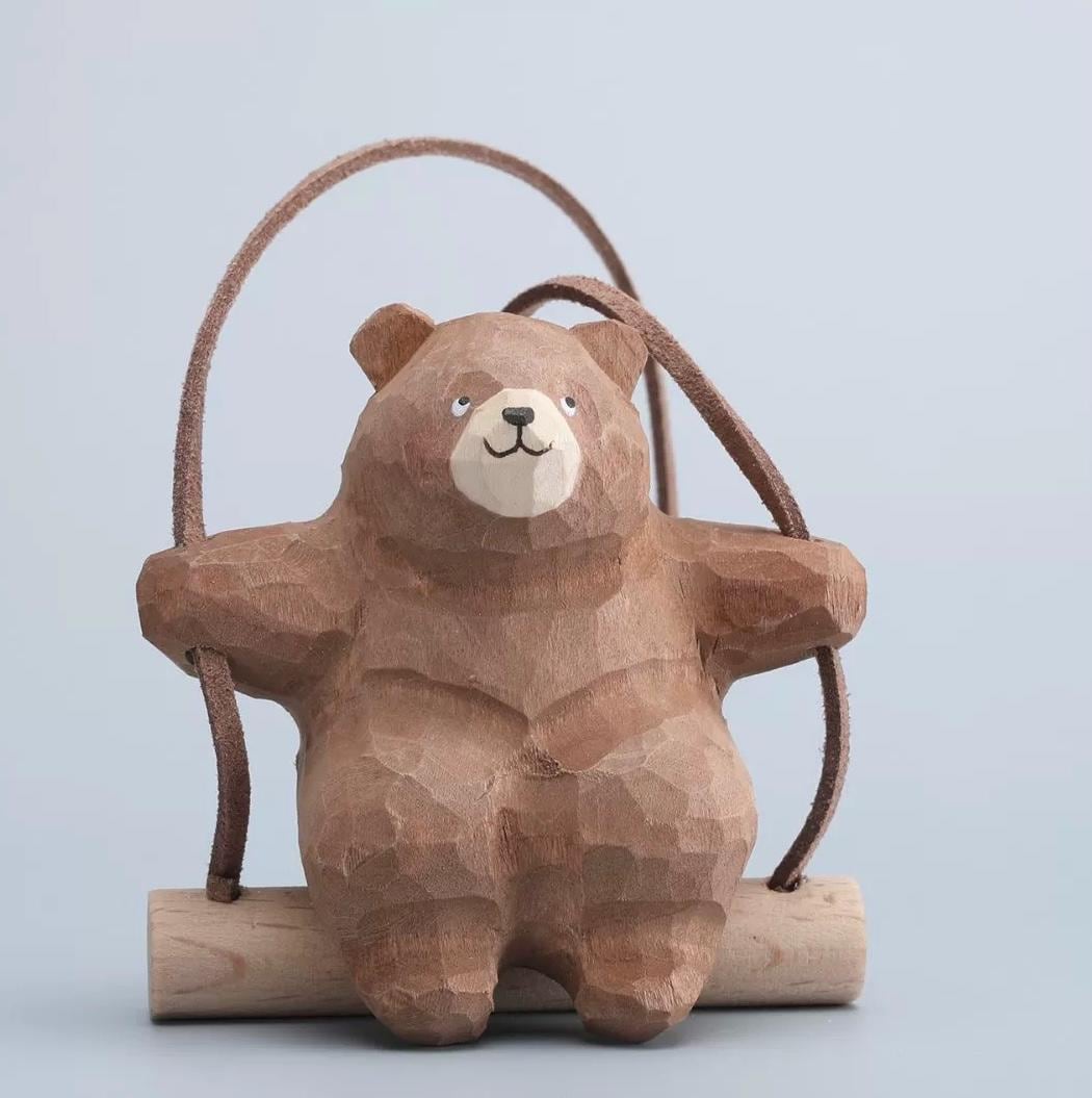 Wooden Hand-Carved Bear Swing Car Hanging Ornament, Cute Wooden Animal Rearview Mirror Charm, Handmade Car Decor, Bag Charm, Keychain Gift