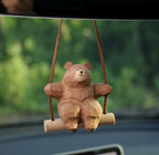 Wooden Hand-Carved Bear Swing Car Hanging Ornament, Cute Wooden Animal Rearview Mirror Charm, Handmade Car Decor, Bag Charm, Keychain Gift