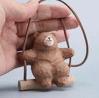 Wooden Hand-Carved Bear Swing Car Hanging Ornament, Cute Wooden Animal Rearview Mirror Charm, Handmade Car Decor, Bag Charm, Keychain Gift